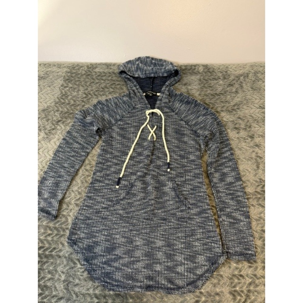 Inspired Hearts Womens Blue Space Dye Lace Up Knit Hoodie Small 0187
